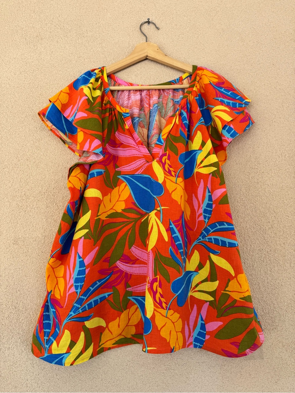 Calligraphie Tropical Linen Blend Flutter Sleeve Blouse Top 2X
